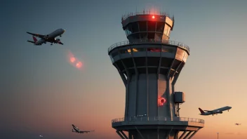 Flytrafikkontrolltårn med fly i bakgrunnen, med et rødt varselslys som indikerer en forstyrrelse i flytrafikken.