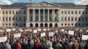 Et bilde av Stortinget med en folkemengde foran, som holder skilt og bannere med forslag skrevet på dem.