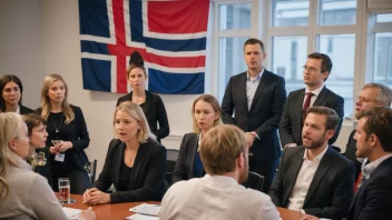 En gruppe mennesker som diskuterer og debatterer, med et norsk flagg i bakgrunnen, som symboliserer ytringsfrihet og demokrati.