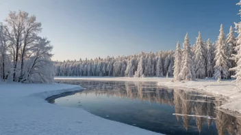 Et fredelig vinterlandskap med snødekte trær og en frossen innsjø.