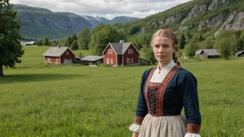 En kvinne i tradisjonell norsk klesdrakt, stående i en åker med en bondegård i bakgrunnen.