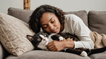 En person sitter på en sofa med en katt på fanget, og leker og koser med den.