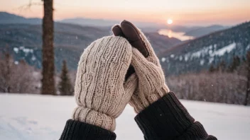 En persons hånd som bærer en varm kuttehanske, med en snødekt vinterbakgrunn.