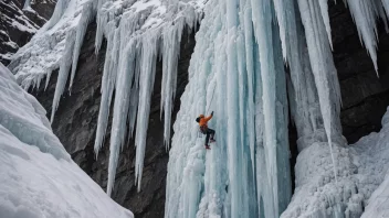 En person som klatrer opp en frossen foss i et snølandskap