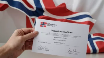 En person som holder et vaksinasjonsbevis med et norsk flagg i bakgrunnen