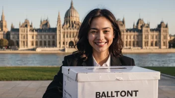 En person som holder en stemmeboks med et smil, som symboliserer en seier i et valg eller en avstemning.