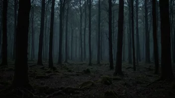 Et mørkt område i en skog med et svakt lys i det fjerne