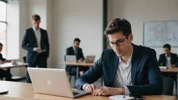 En person som jobber på en laptop med en sekundærforretning i bakgrunnen.