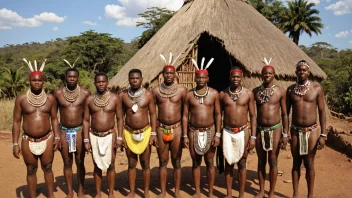 En gruppe zuluer i tradisjonelle klær, stående foran en tradisjonell zulu-hytte.