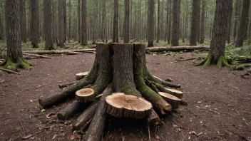 En tømmerstubb i en skog med noen logger liggende ved siden av.