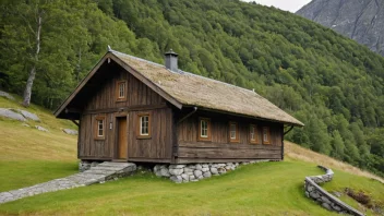 Et lite, tradisjonelt norsk trebygg med skråtak, plassert over en brønn.