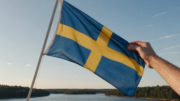 En person som holder et svensk flagg, med en subtil bakgrunnsbilde av et svensk landskap.