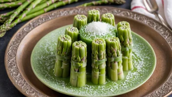 En tradisjonell norsk aspargesgelé-dessert, laget av asparges, sukker og gelatin, dekorert med fersk asparges og et strøk sukker.