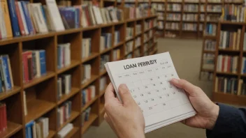 En person låner en bok fra et bibliotek med en kalender i bakgrunnen som viser utlånsperioden.