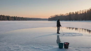 En person som driver isfiskeri på en frossen innsjø, omgitt av snødekte trær og en klar blå himmel.