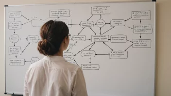 En person foran en tavle med en kompleks flytdiagram.