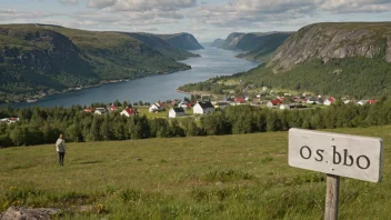 Et idyllisk norsk landskap med en liten landsby og en person med etternavnet Østbø.