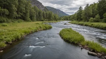 Otra-elva renner rolig gjennom Agder fylke i Norge, omgitt av frodige skoger og rullende åser.