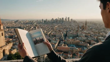 En person leser en bok med en by i bakgrunnen.