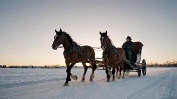 Et tohestespann i aksjon, med hestene iført seletøy og drar en vogn eller slede.