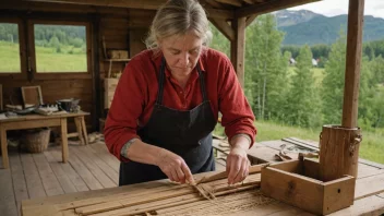 En person i tradisjonelle klær som arbeider med tre eller garn i et landlig landskap.