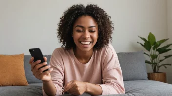 En person som holder en telefon med en ladekabel, smiler