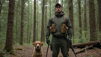 En person som har på seg en jaktdrakt, står i en skog med en rifle og en hund