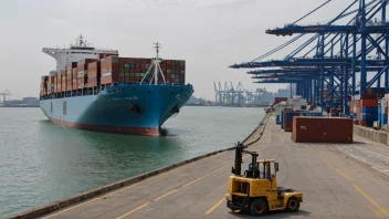 Et containerskip fortøyd ved en havn, med last som blir losset og transportert til et nærliggende lager, som illustrerer begrepet importfremme.