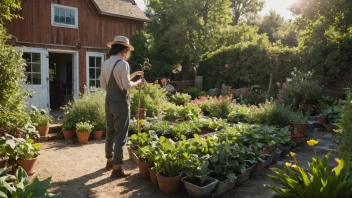 En person som passer sin hobbyjordbruk med en rekke planter og dyr.