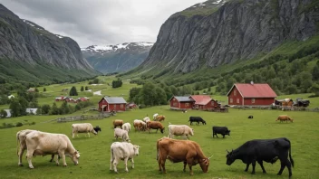 En tradisjonell norsk fjellgård med mennesker i tradisjonelle klær, omgitt av kuer, sauer og geiter.