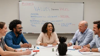 En gruppe mennesker fra ulike bakgrunner og aldre, samlet rundt et bord, diskuterer og ler sammen, med en whiteboard i bakgrunnen med ord som 'verdier', 'misjon' og 'visjon' skrevet på den.