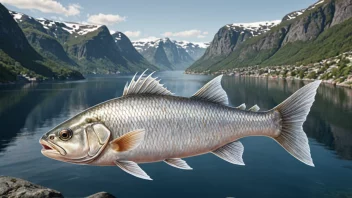 En illustrasjon av en fisk med en sunn og usunn utseende, med en bakgrunn av en norsk fjord.