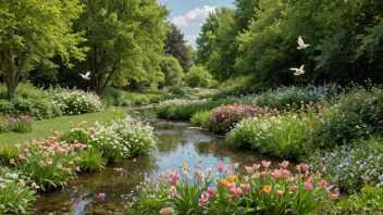 Et fredelig vårlandskap med en liten bekk og blomstrende blomster.