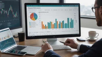 En forretningsperson som analyserer data på en dataskjerm med en graf som viser en økende inntektstrend i bakgrunnen.