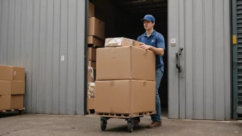 En person i lageruniform transporterer bokser ut av et lager ved hjelp av en håndtruck.