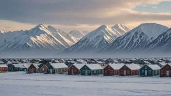 En liten inupiatby i Alaska med tradisjonelle hus og en storslagen fjellkjede i bakgrunnen.