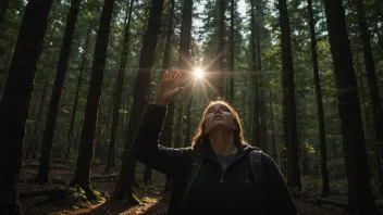 En person som navigerer gjennom skogen ved hjelp av et kompass og følger en lysstråle.