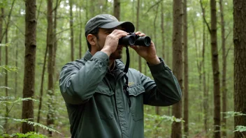 En viltøkonom i en skog, observerer dyr med kikkert, med en tankefull uttrykk