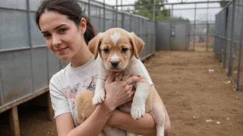 En person som holder en valp, med en bakgrunn av en hundeoppdrettsanlegg med flere hunder og kenneler