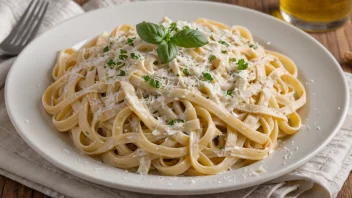 En deilig tallerken fettuccine med Alfredo-saus og parmesanost