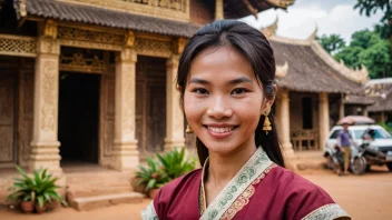 En laotianer i tradisjonell klesdrakt, med et vennlig smil, foran et tempel eller en marked i Laos.