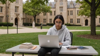 En student som studerer på et universitetscampus med en laptop og bøker