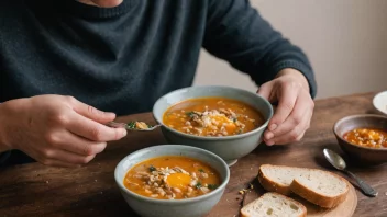 En person som spiser et enkelt måltid av brød og suppe under en krise