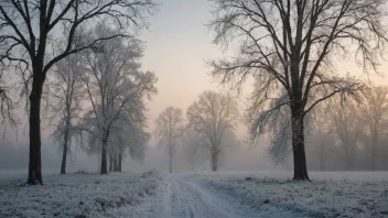 Et vinterlandskap med frost og snødekte trær, med en kald og tåkete atmosfære.