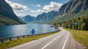 Et norsk veiskilt med fartsgrense, omgitt av et naturskjønt landskap med fjell og fjorder.