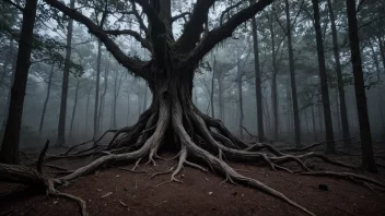 Et skremmende bilde av en vridd treerot i en mørk skog, som fremkaller en følelse av uro og ubehag.