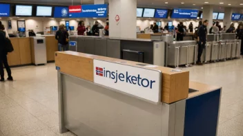 En innsjekkingsdisk på en flyplass med et skilt på norsk.