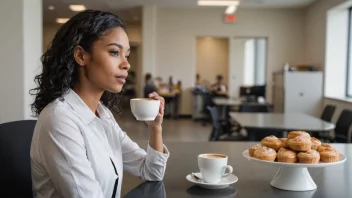 En person som slapper av under morgenpausen på jobben.