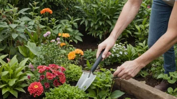 En person bruker et hagebruksredskap i en frodig hage med en rekke planter og blomster