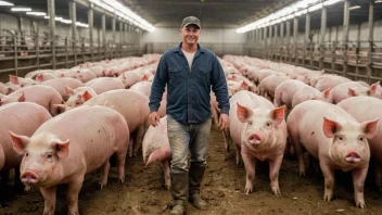 En stor grisfarm med mange griser og en bonde i bakgrunnen